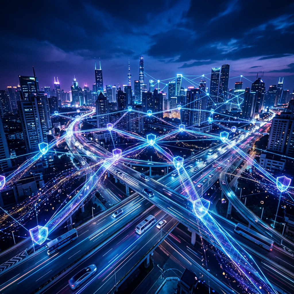 Nighttime city skyline and highways overlaid with glowing network lines and shield icons