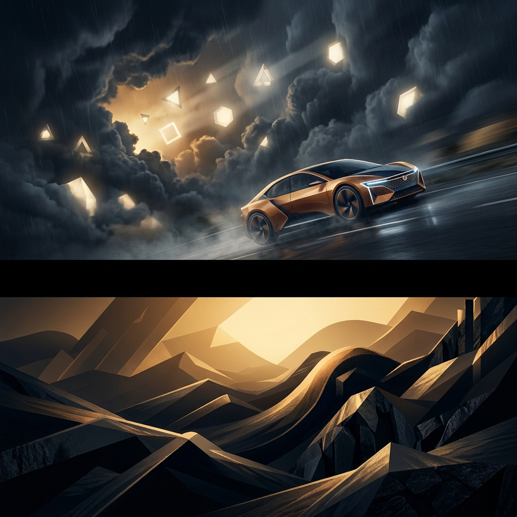 Futuristic sports car driving through geometric mountains beneath glowing storm clouds