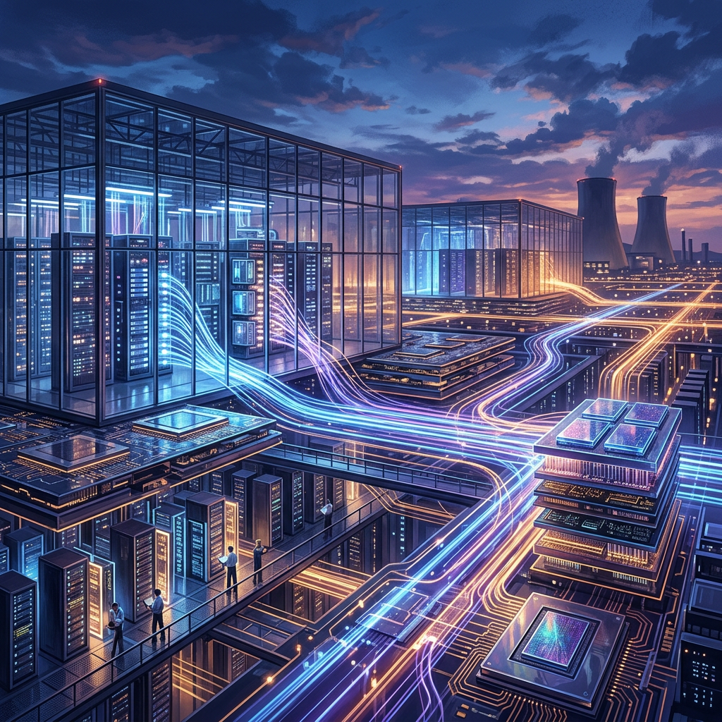 Futuristic data center with glowing data streams and cooling towers