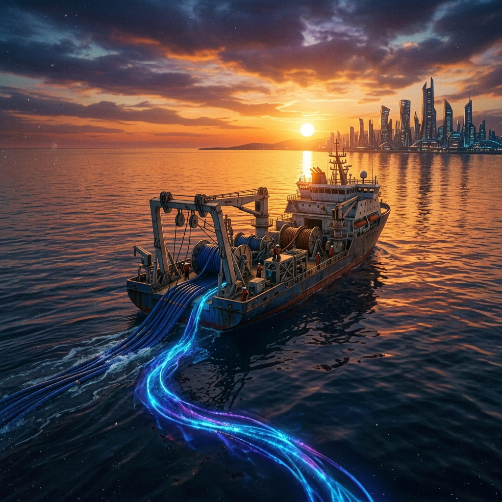 Cable-laying ship deploying glowing underwater cables toward a futuristic city at sunset