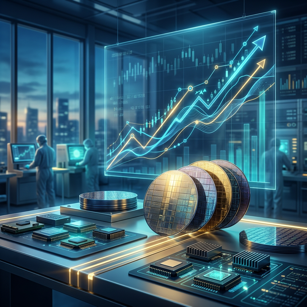 Semiconductor wafers and chips beneath rising financial charts in a laboratory