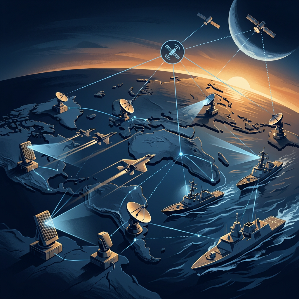 Illustration of global military communications linking satellites, ships, aircraft, and ground stations