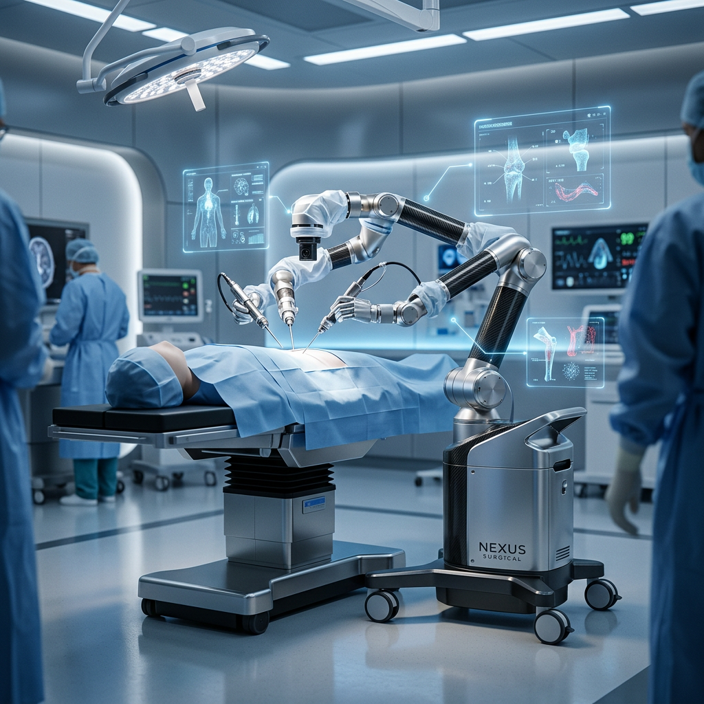 Robotic surgical arms positioned over a patient in an operating room