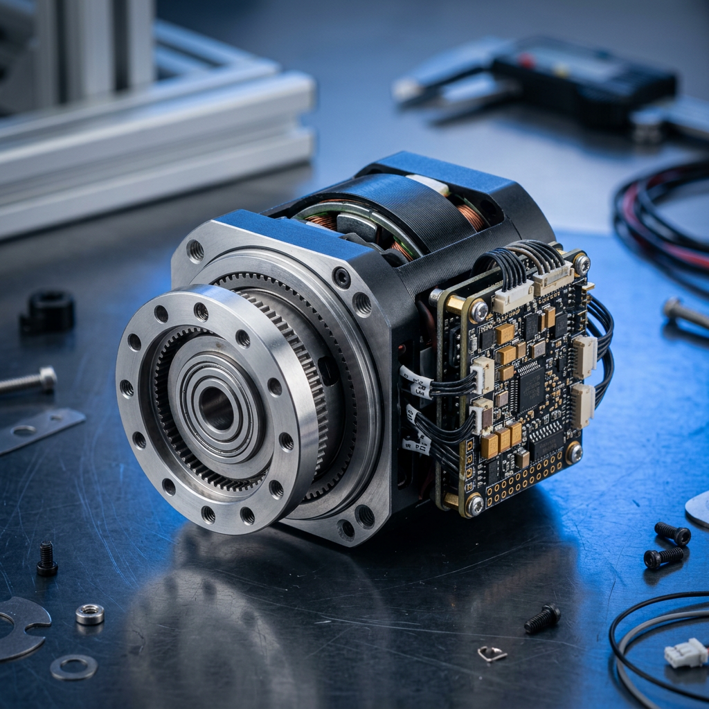 Exposed geared motor with circuit board on an engineering workbench
