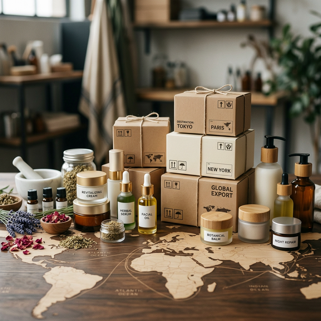 Skincare products, herbs, and boxes labeled DESTINATION: TOKYO, PARIS, NEW YORK, and GLOBAL EXPORT on a world map