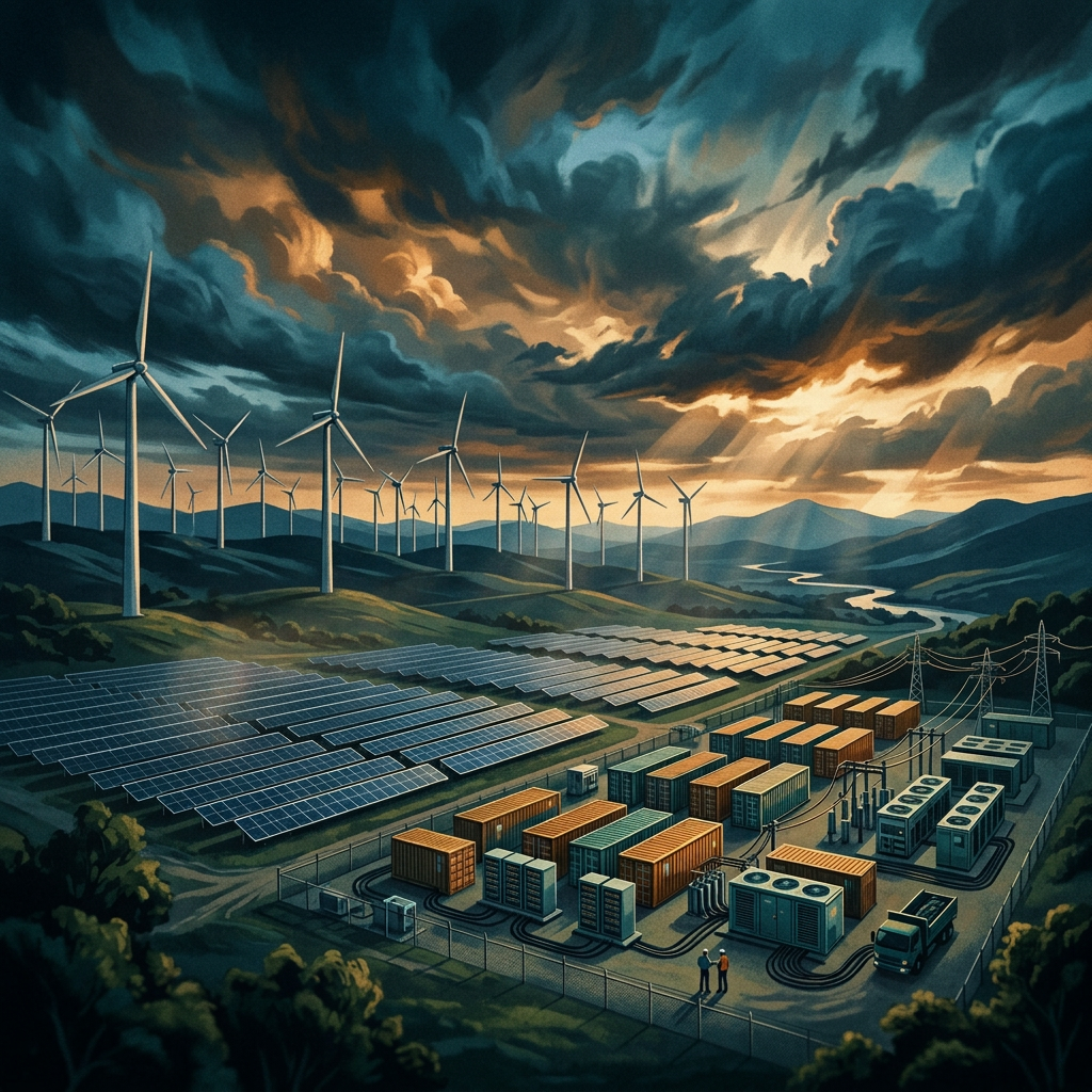 Wind turbines and solar panels surrounding a renewable energy facility