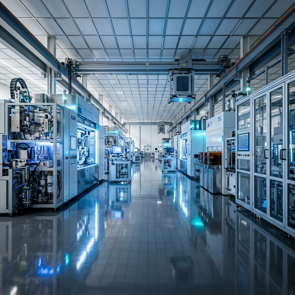Automated industrial manufacturing facility with precision equipment and reflective floors