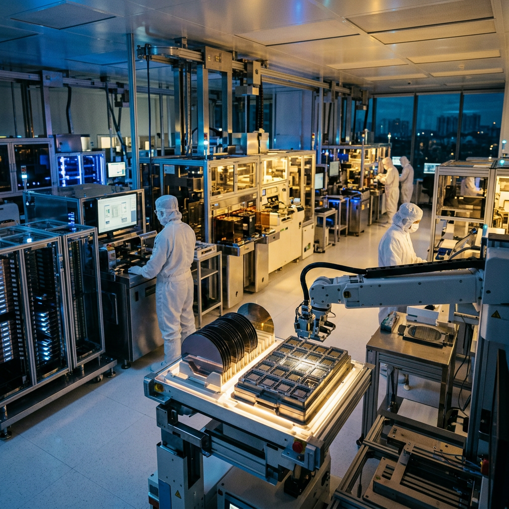 Technicians in cleanroom suits operating semiconductor manufacturing equipment