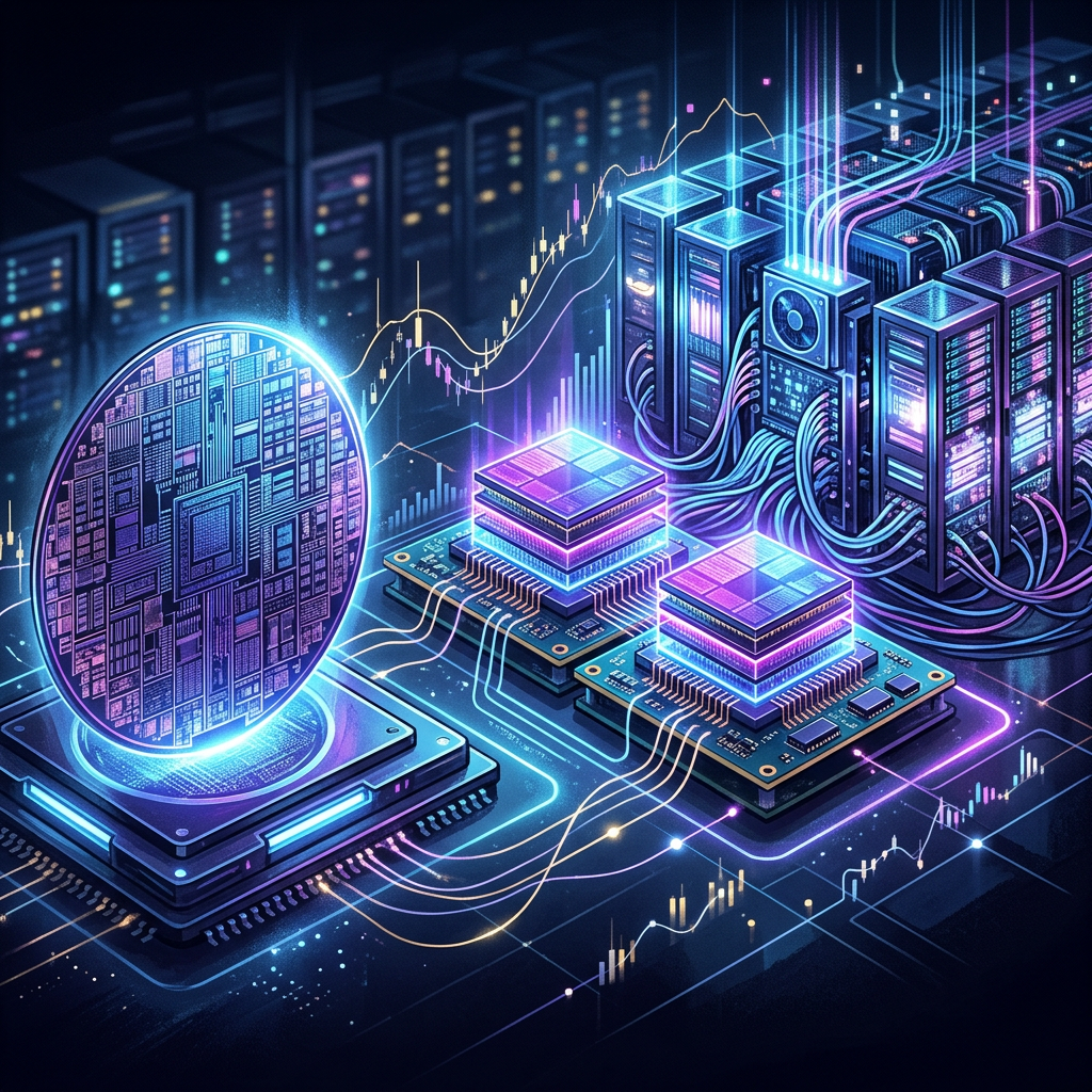 Illustration of processors and servers connected by data lines and rising charts