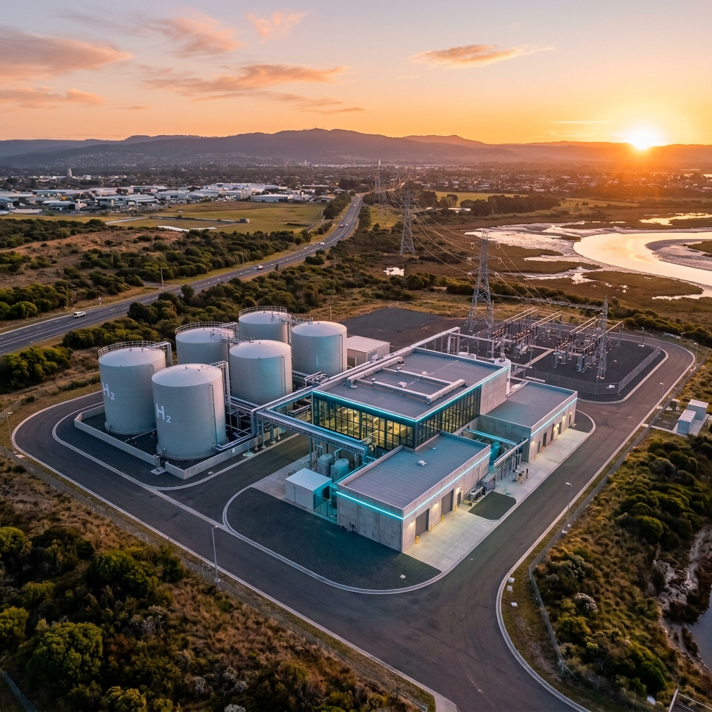 Hydrogen facility with storage tanks, power lines, wetlands, and mountains