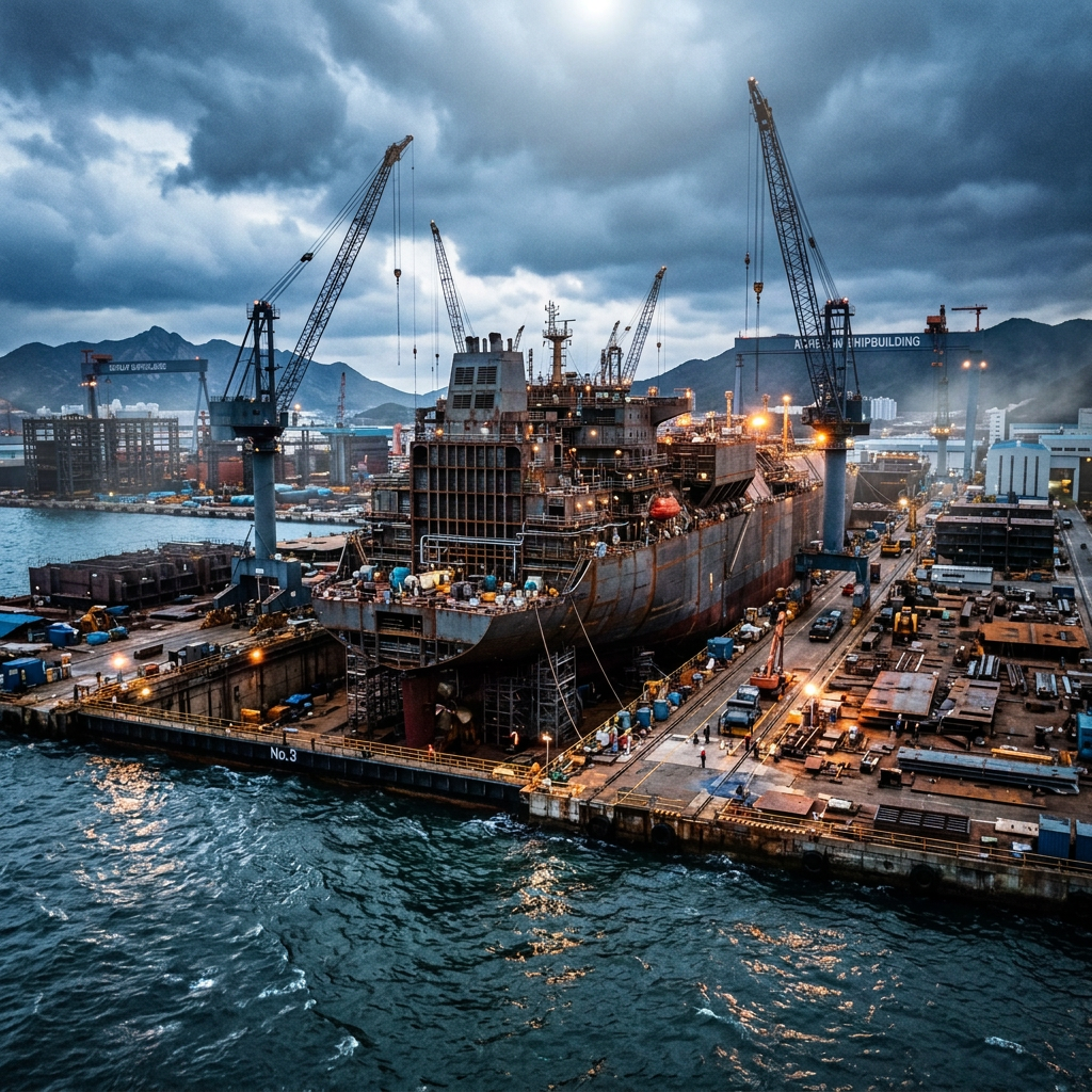 Large ship under construction at a waterfront shipyard with cranes and mountains