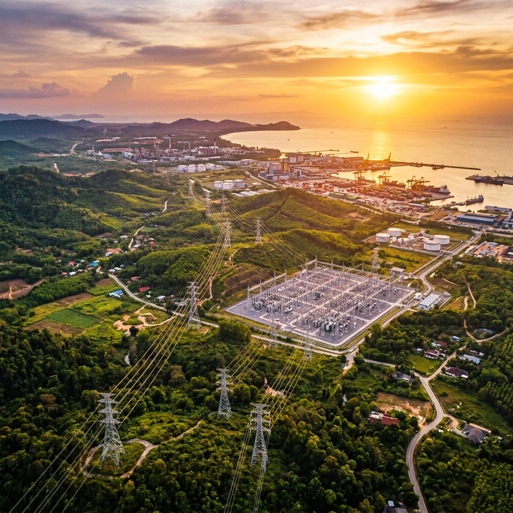 Aerial view of coastal port, power substation, and transmission lines at sunset