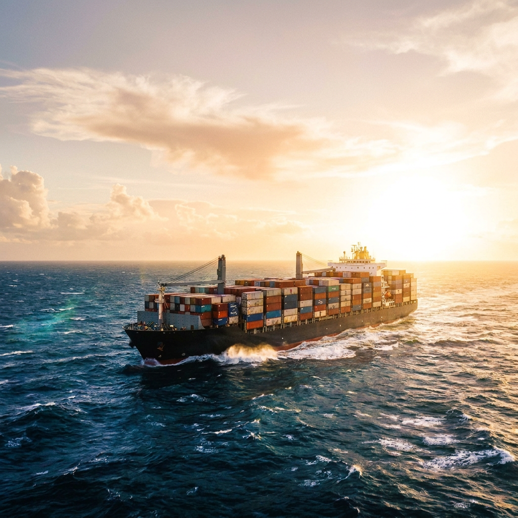 Container ship carrying stacked cargo crossing rough ocean waters