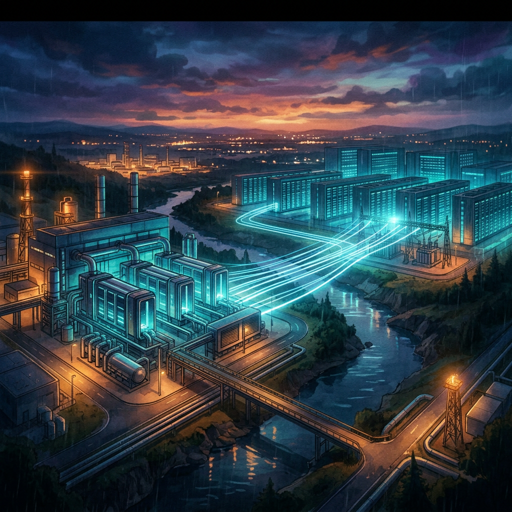 Futuristic industrial energy complex with glowing power lines beside a river at dusk