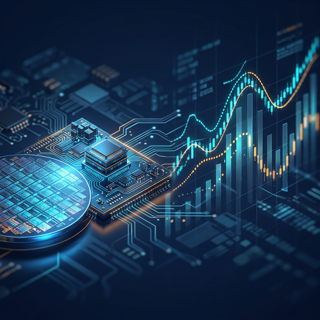 Microchip and semiconductor wafer beside rising financial charts