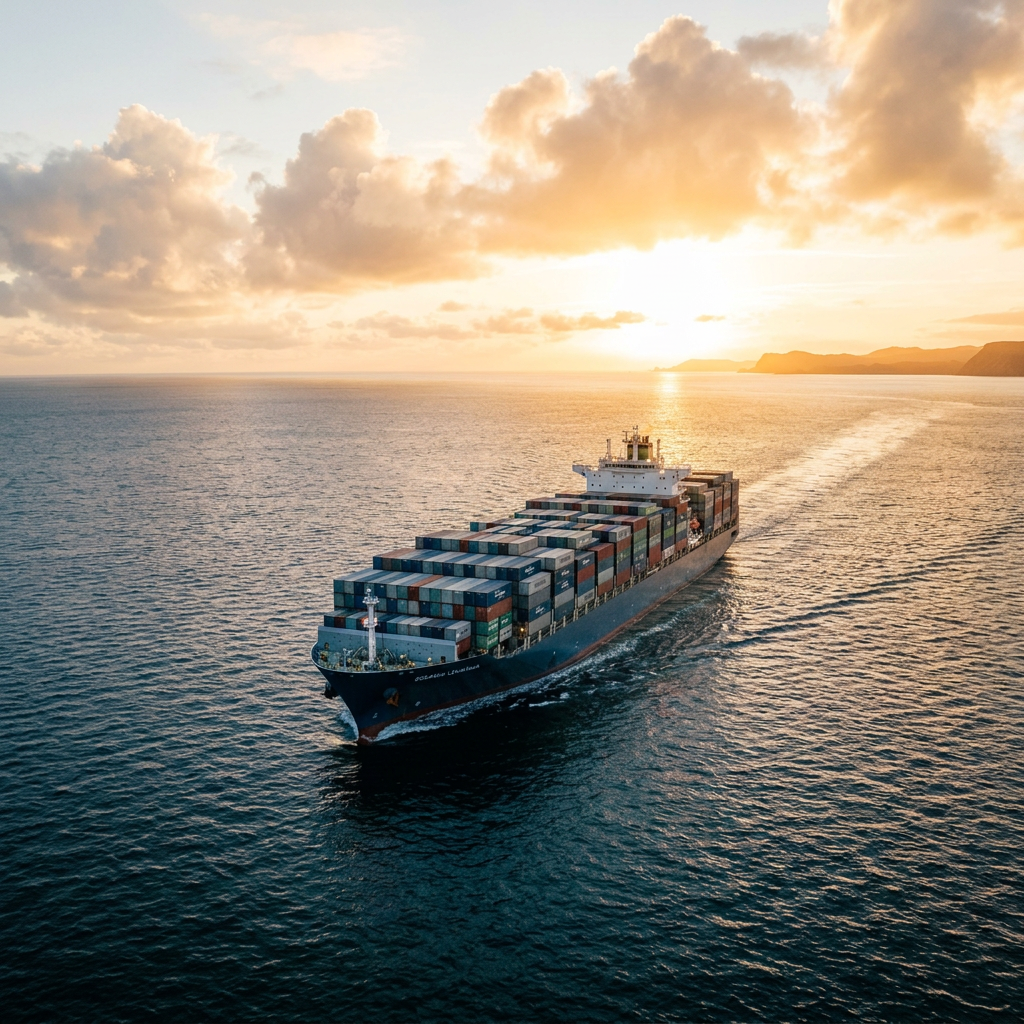 Container ship carrying stacked cargo containers sailing toward distant mountains