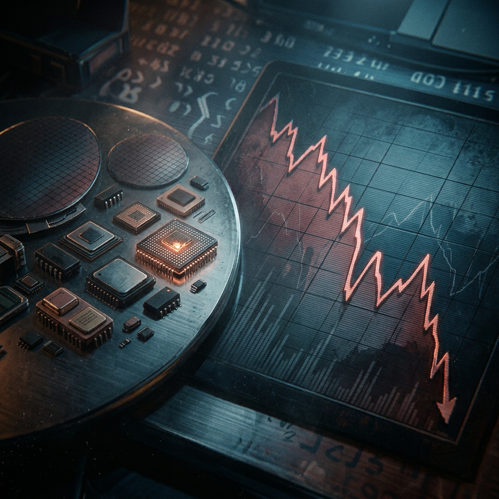 Computer chips beside a sharply falling market graph