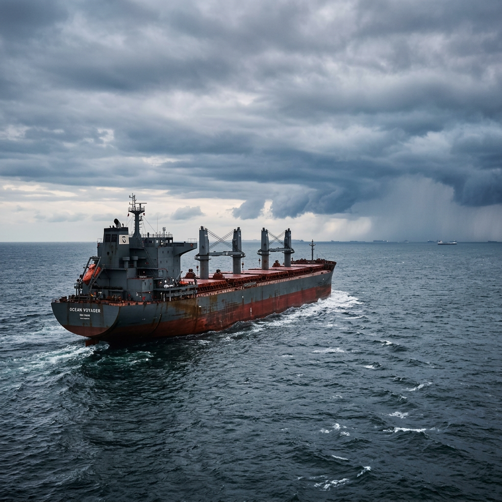 Bulk cargo ship sailing through rough seas under dark storm clouds