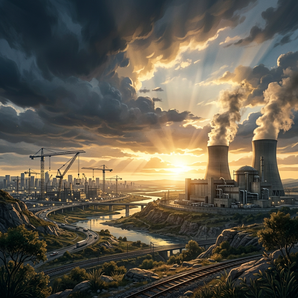 Power plant and construction cranes beside winding waterways at sunset