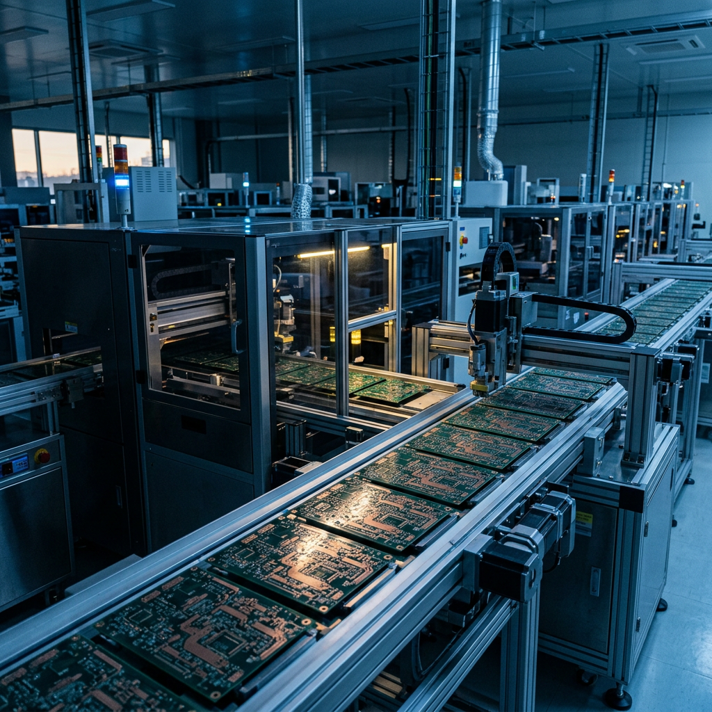 Circuit boards moving through automated electronics manufacturing equipment