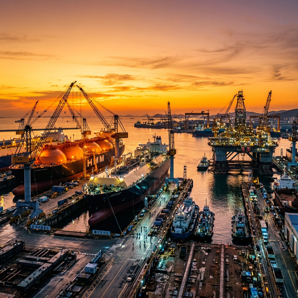 Busy shipyard harbor with cranes, cargo ships, and offshore platforms at sunset