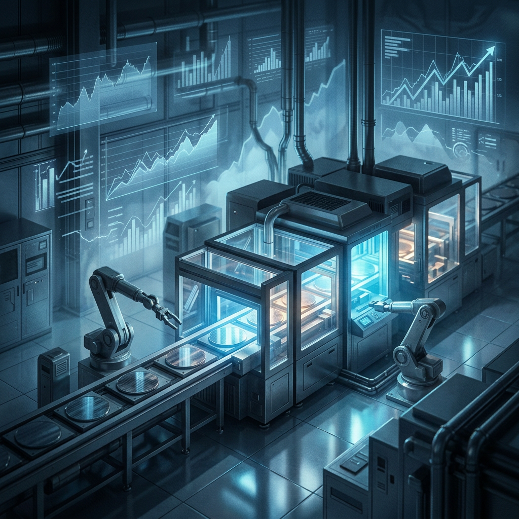 Automated factory with robotic arms, conveyor belts, machines, and rising data charts