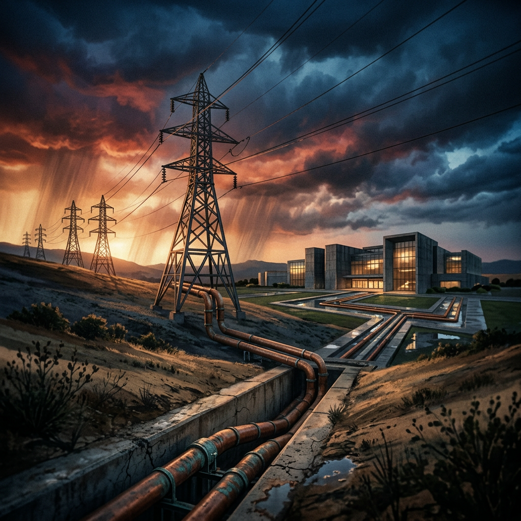 Power pylons and underground conduits leading to a modern industrial facility
