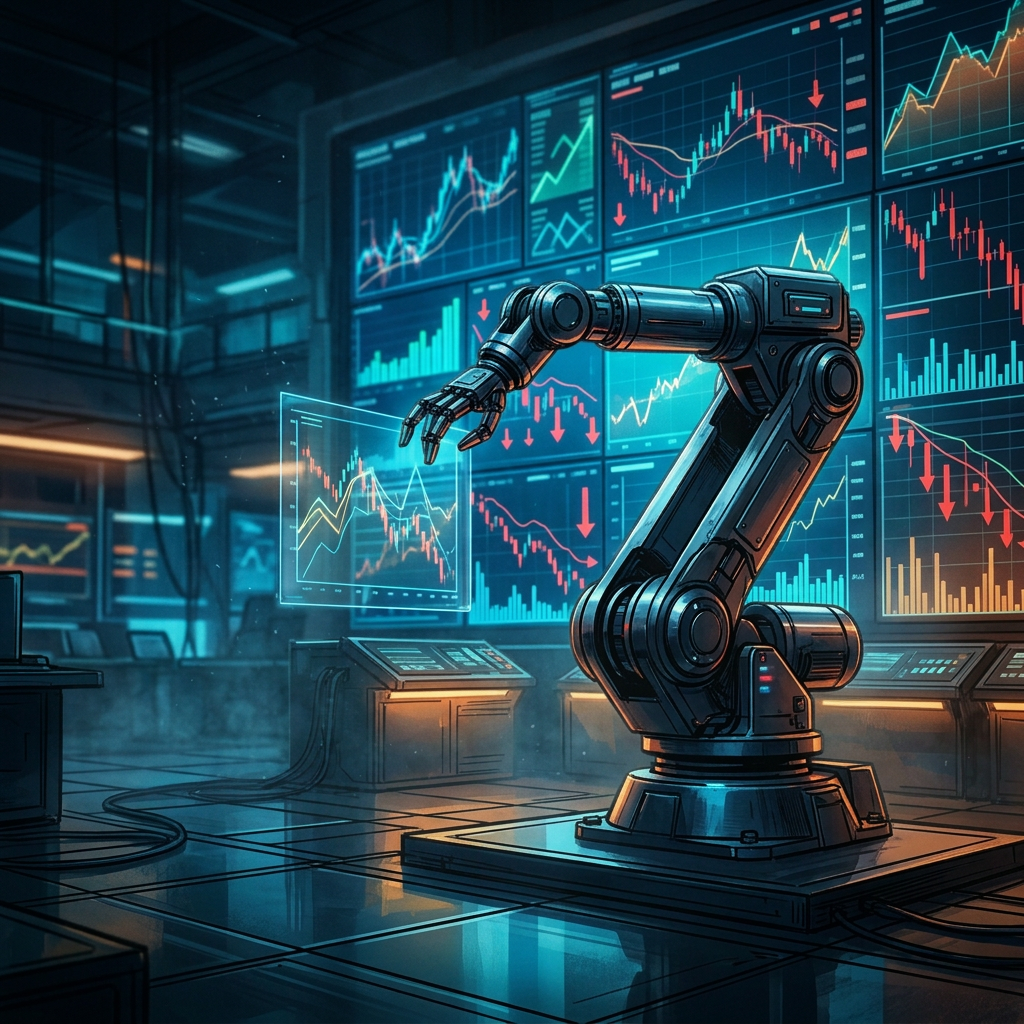 Robotic arm surrounded by financial market charts