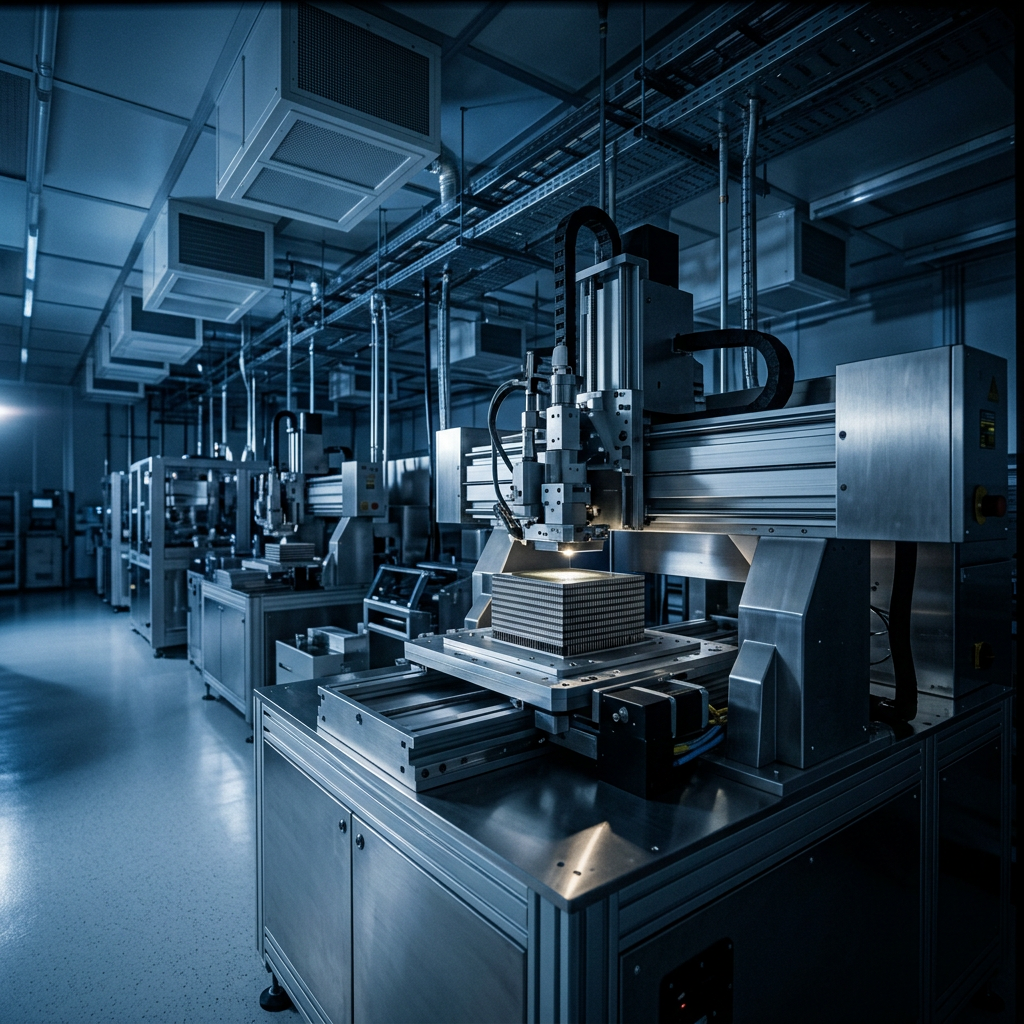 Precision CNC machine processing a stacked metal component in an industrial facility