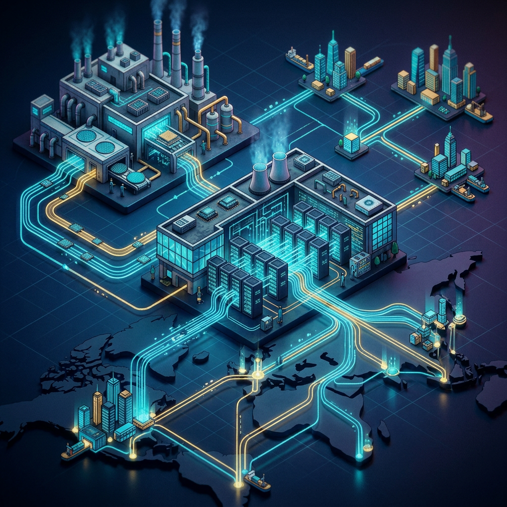 Isometric illustration of factories, data centers, cities, and ports connected across a world map