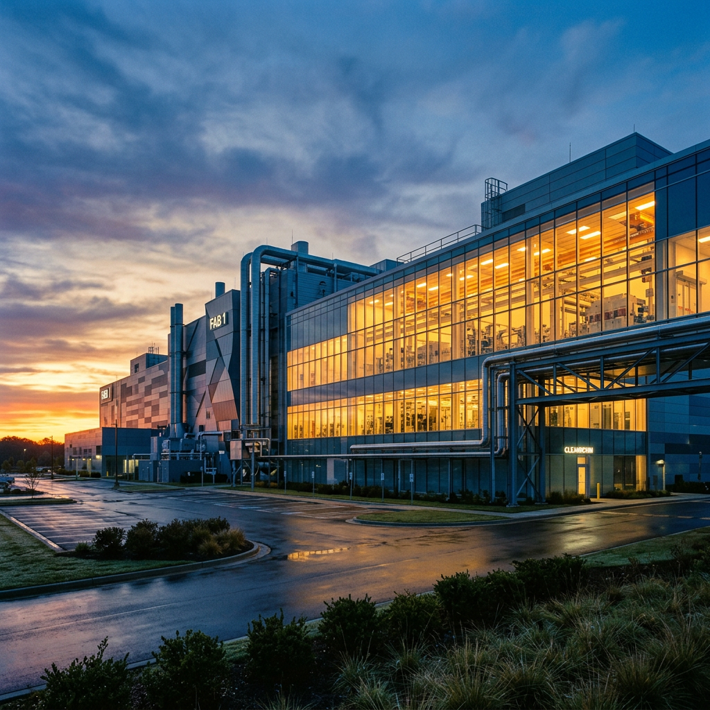 Clemson FAB 1 facility with illuminated windows at sunset