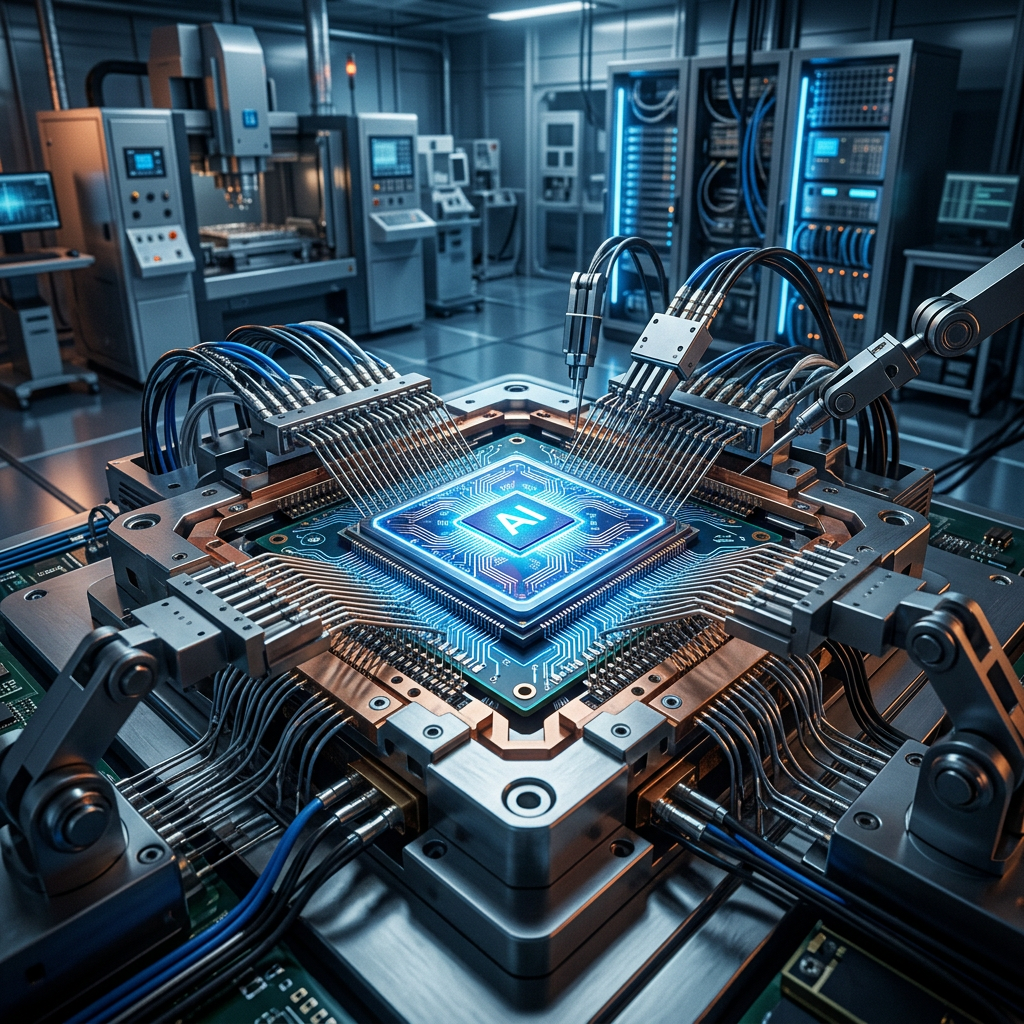 Glowing AI chip connected to testing probes in a laboratory