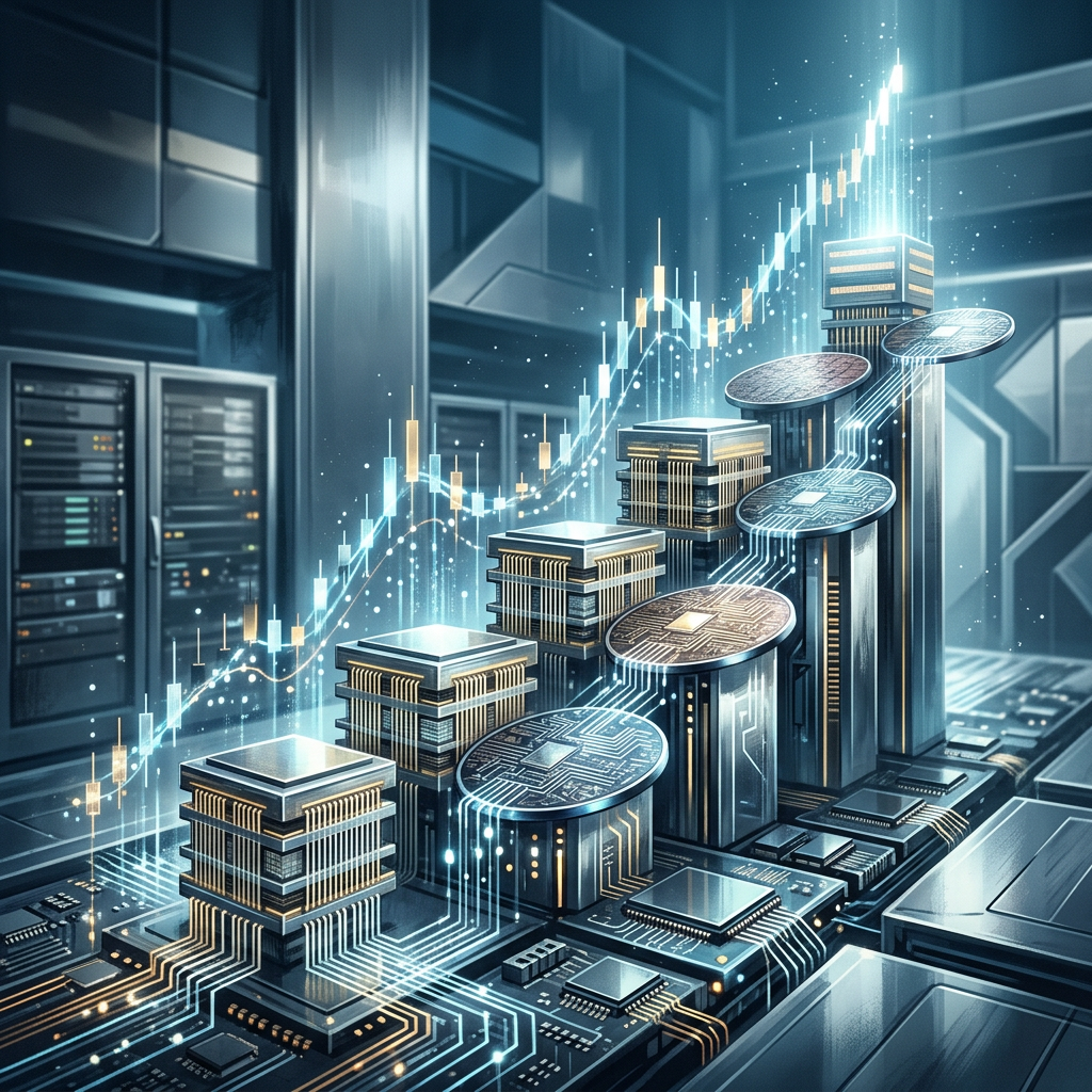 Futuristic blockchain network with stacked processors, digital coins, and rising market chart