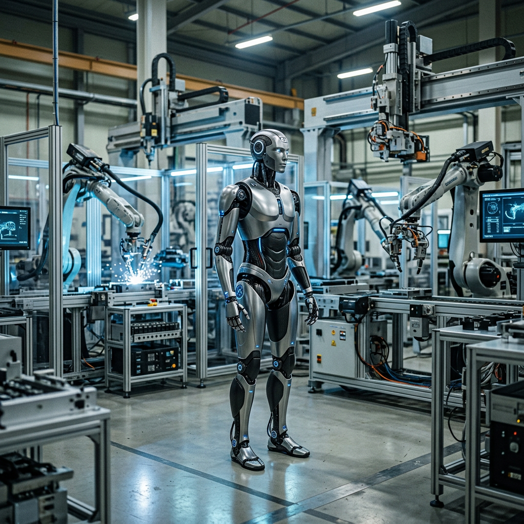 Humanoid robot standing in an automated manufacturing facility