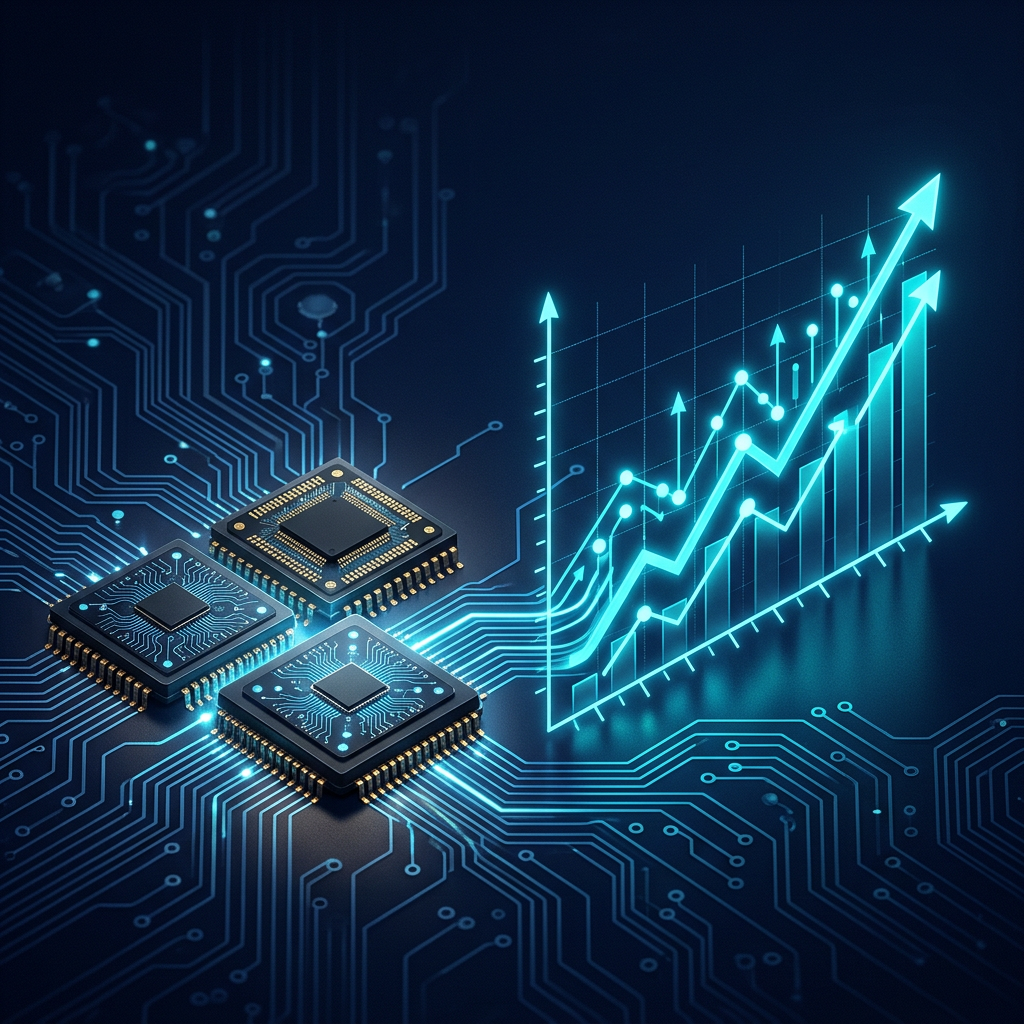 Three microchips beside a glowing upward-trending line chart on circuit boards