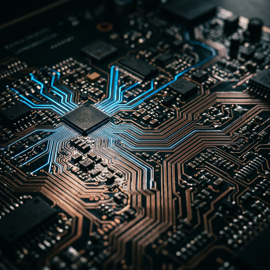 Close-up of a circuit board with a central microchip and blue traces