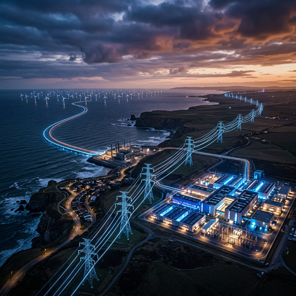 Coastal energy facility connected to offshore wind turbines and power lines