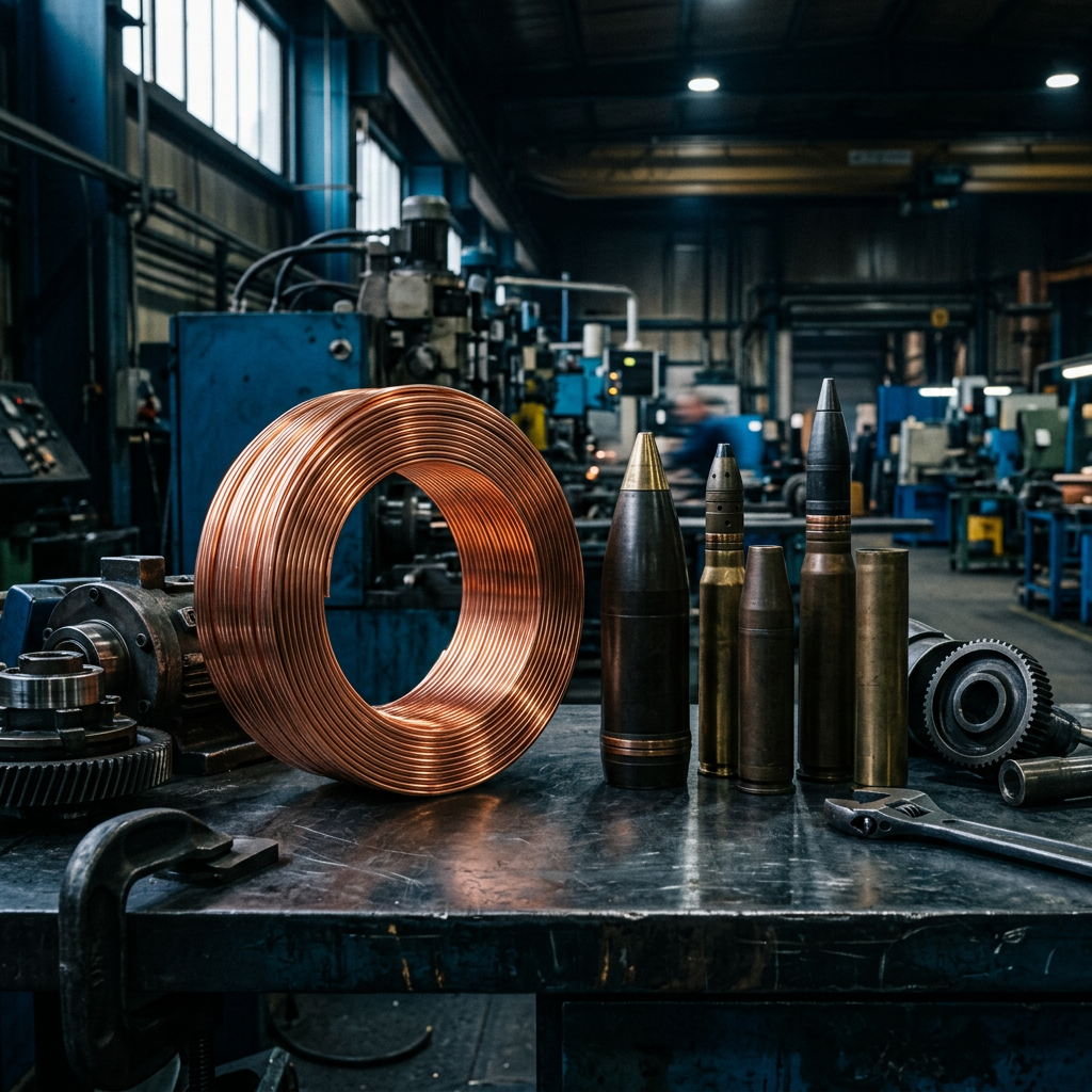 Copper coil and metal components on a workshop workbench