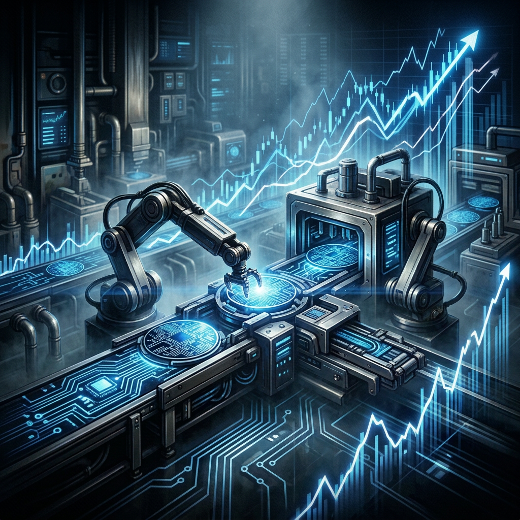 Robotic arms assembling circuit boards in a factory with rising financial charts