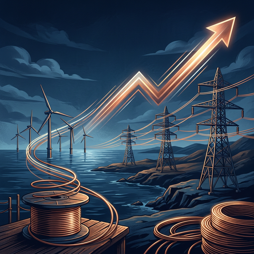 Wind turbines and power lines beneath a glowing upward arrow