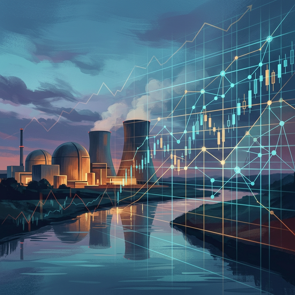 Nuclear power plant with rising financial charts and candlestick graphs