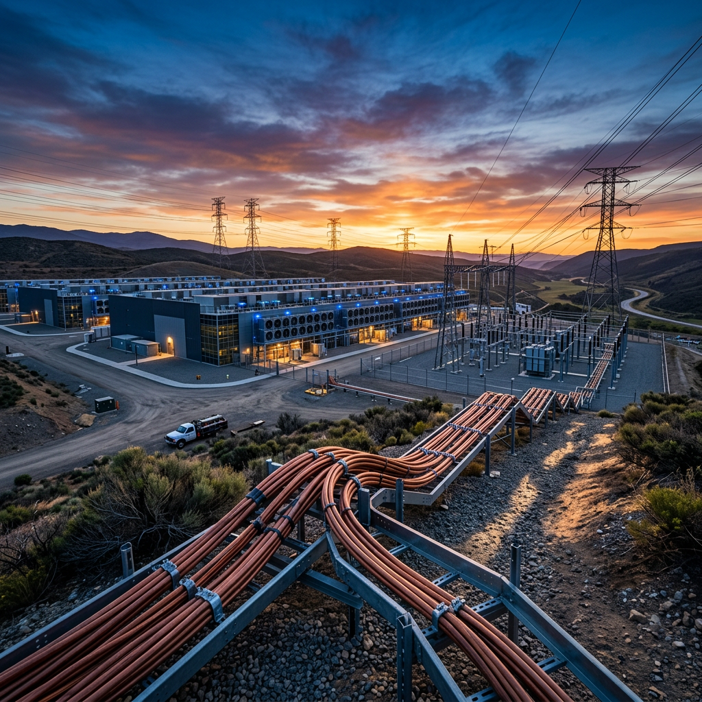 Data center, substation, and power lines in a mountain valley at sunset