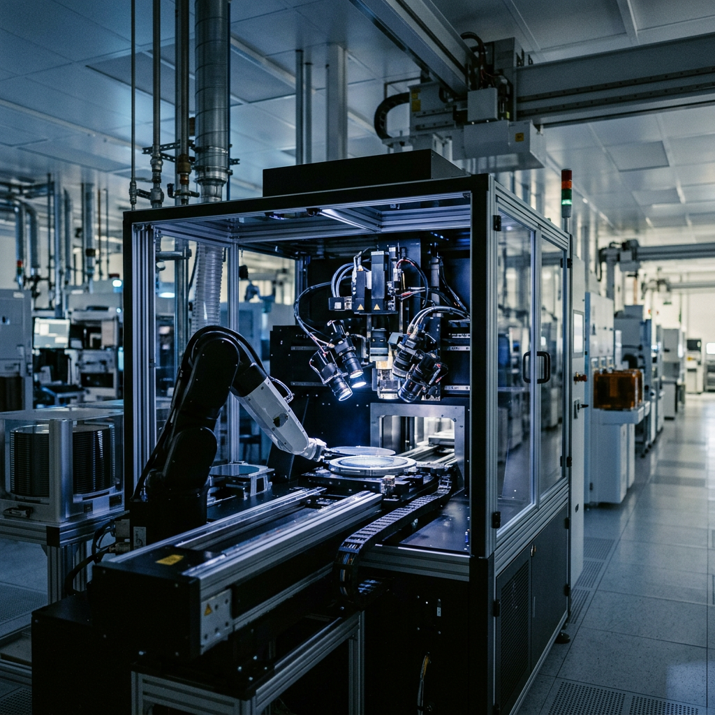 Robotic arm operating precision equipment inside a cleanroom manufacturing cell