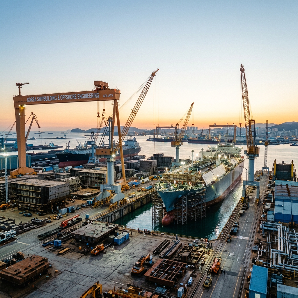 Shipyard with cranes and vessel under construction at sunset
