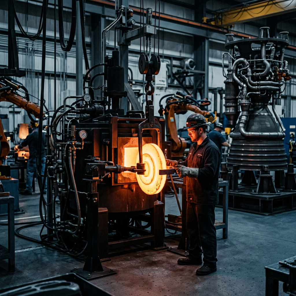 Worker handling glowing molten metal beside heavy foundry machinery