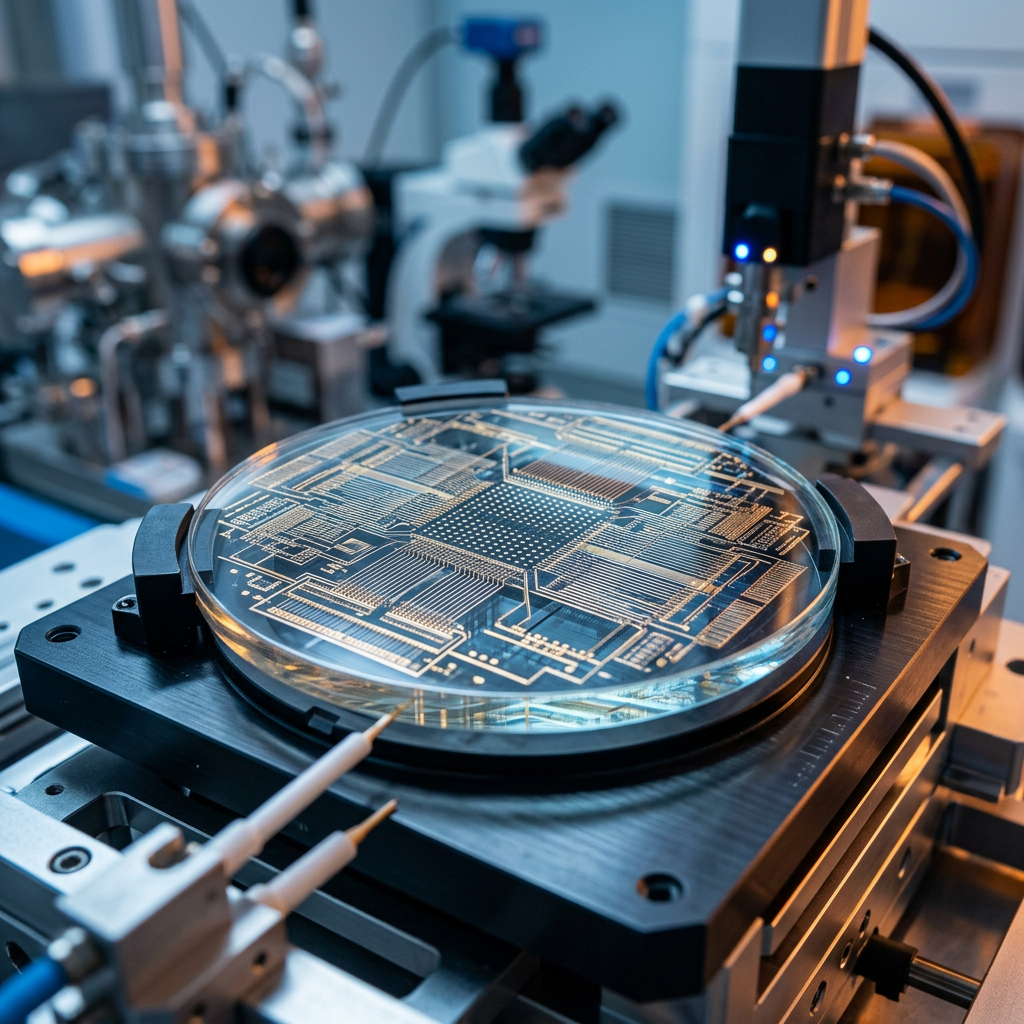 Patterned semiconductor wafer on a laboratory inspection platform