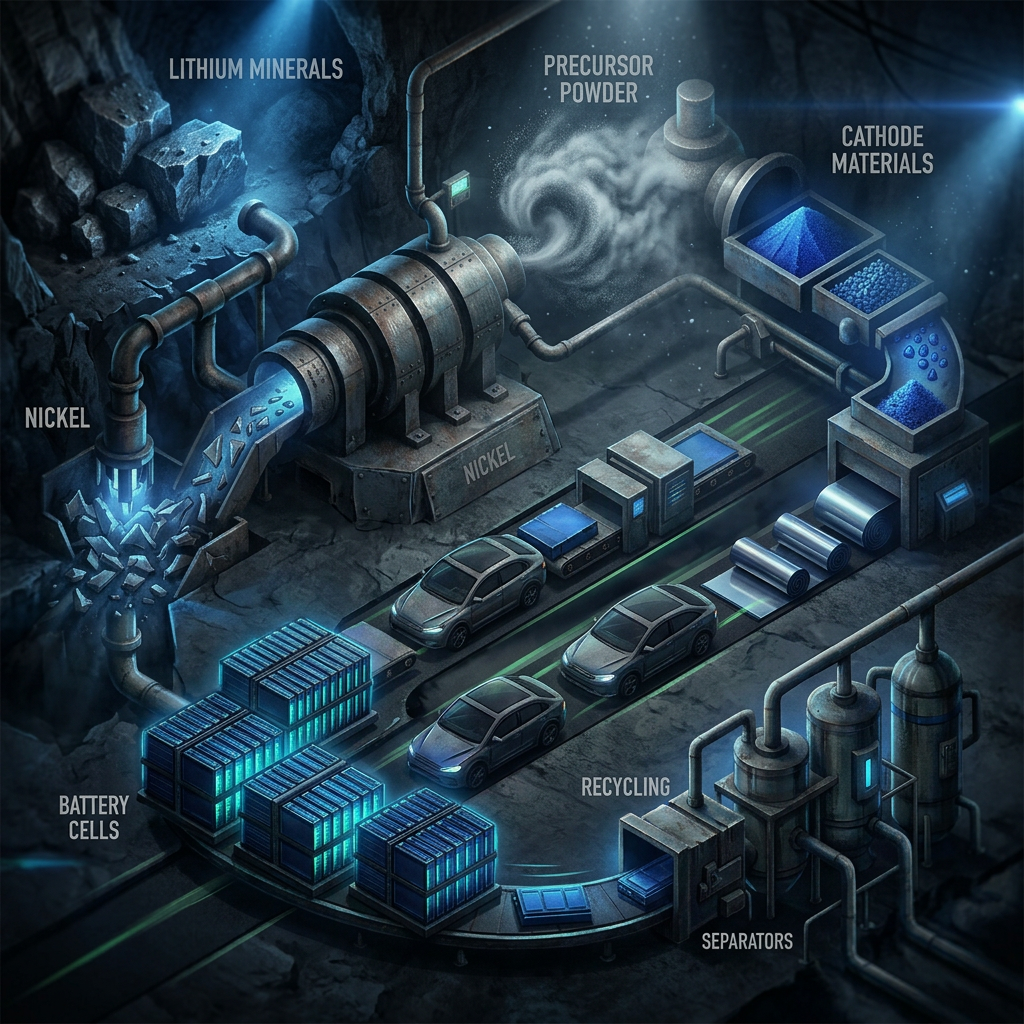 Illustrated battery production line labeled lithium minerals, nickel, precursor powder, cathode materials, battery cells, separators, and recycling