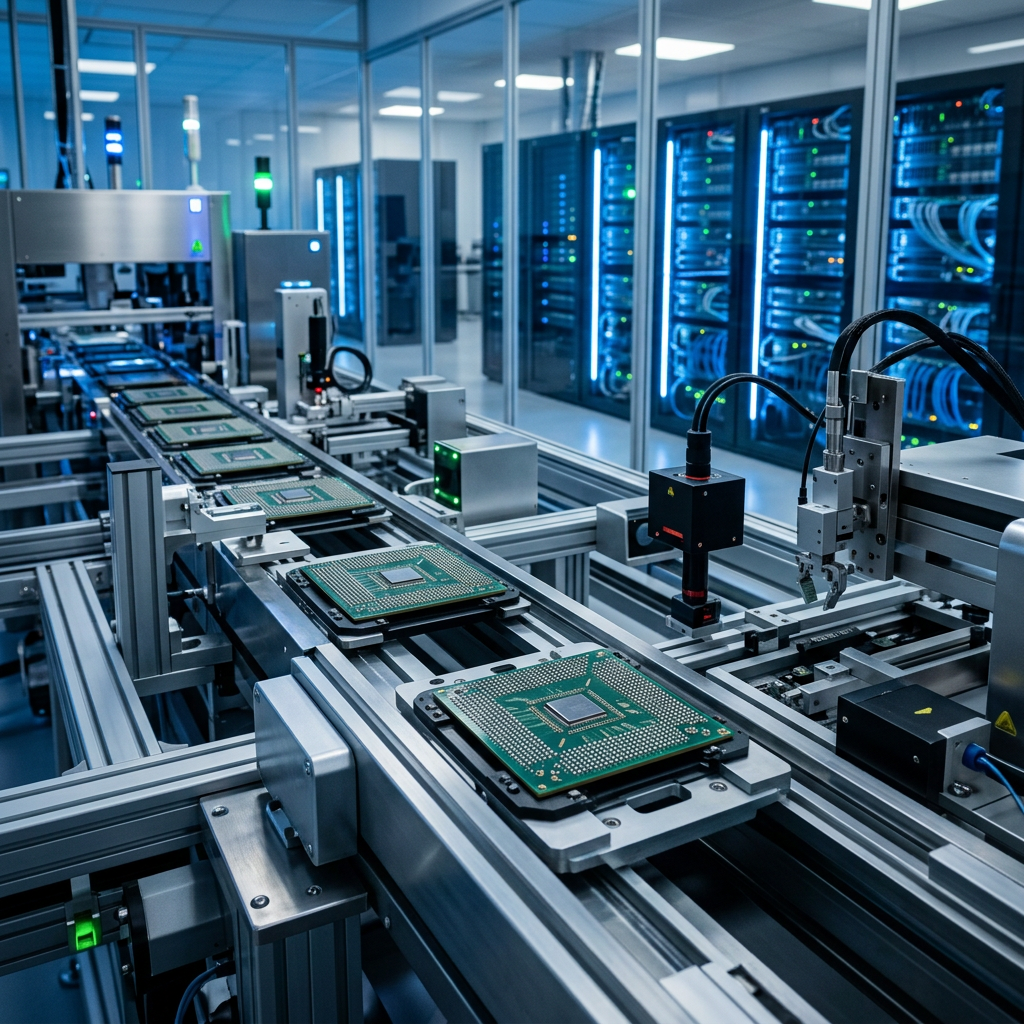 Automated production line carrying circuit boards in a semiconductor facility