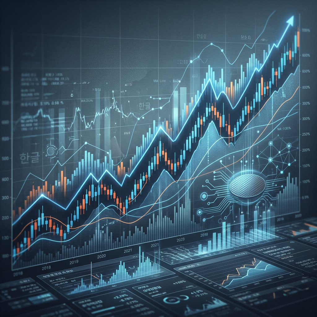 Financial market dashboard with rising charts, candlesticks, and analytics data