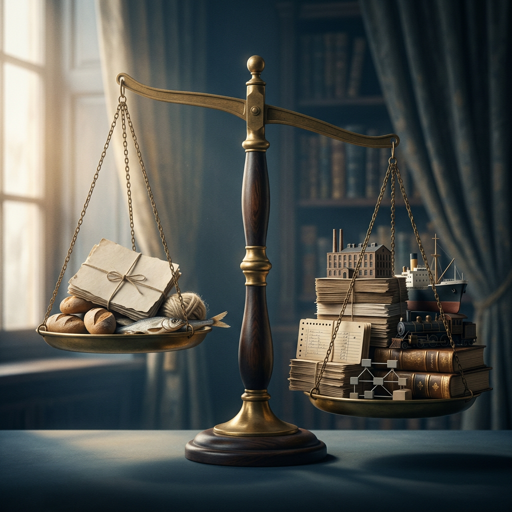 Balance scale contrasting food and letters with books, buildings, ships, and trains